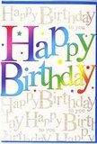 This birthday card radiates the kind of upbeat energy you might feel walking through Canary Wharf on a bright afternoon, with reflections of colour and light everywhere you look. The main greeting, Happy Birthday, stretches confidently across the front in big, friendly letters, each one painted in its own vivid shade. The colours transition from deep cherry reds and punchy pinks through cool blues and aquamarines into fresh greens, before fading gently into warm golds and soft yellows, creating a smooth rainbow sweep that feels dynamic and uplifting. The lettering has a slight sheen, suggesting a smooth, high-quality finish that would feel sleek and satisfying to the touch. Behind this bold, multicoloured phrase, the card's background is filled with repeated lines of Happy Birthday to you written in delicate, looping gold script. The script glows subtly rather than overpowering the design, like the quiet shimmer of evening lights along the waterside near Westferry Circus, adding depth and a sense of occasion. Tiny glints of metallic sparkle appear around the background words, reminiscent of finely scattered confetti or the flicker of sparklers at a birthday celebration. The overall design balances playful joy with modern elegance, making it at home at a smart docklands dinner or a relaxed gathering in an E14 flat. It is the kind of card that would sit beautifully next to a modern arrangement crafted by Florists Canary Wharf, the rainbow lettering mirroring the colours of the blooms and turning a simple birthday message into a memorable, visually rich moment of celebration.