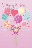 This softly whimsical birthday artwork feels like a breath of fresh air drifting above the Canary Wharf skyline, translated into blooms and balloons. The backdrop is a gentle pink wash, soothing and warm, setting the stage for a celebration that is both playful and elegant. From the centre rises a cluster of pastel balloons, their strings converging on a bouquet below. Each balloon offers its own delightful design: some are wrapped in curling stripes that evoke festive ribbons, others are dotted with cheerful spots, and a central heart-shaped balloon glows with quiet affection. Hues of blush, sea green, lemon yellow, and lilac mingle and overlap, suggesting movement and light, like afternoon reflections on the nearby water. At the base, a rounded bouquet of roses and anemone-like blossoms blooms in creamy ivory, soft pink, and muted mauve. The petals appear feathery and velvety, layered to create a plush, full look, as though the flowers have just been carefully tied for a birthday delivery to a Docklands apartment. A violet satin bow secures the stems, its sheen hinting at the florist's finishing touch. Scattered butterflies and tiny star motifs flutter and sparkle around the arrangement, adding a hint of fairy-tale charm to the scene. Soft, luminous lighting spreads across the illustration, bringing out the gentle shine of each balloon and the natural glow of the petals. The overall effect is light, sweet, and joy-filled, perfect for a birthday card that aims to bring a moment of beauty and tenderness to someone's day in and around Canary Wharf.