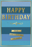 This image shows a stylish birthday card whose cool blue stripes and refined gold details create an atmosphere of calm celebration, well suited to the sleek character of Canary Wharf. The card's surface is divided into wide, horizontal bands of blue that gently transition from deep navy at the top and bottom to lighter, more tranquil shades through the centre. This gradual shift suggests depth and openness, like looking across the river as the sky lightens over the financial district. Centred boldly on this striped backdrop, the words HAPPY BIRTHDAY stand out in large, embossed gold capital letters. The metallic finish glimmers softly when the light hits, adding a note of luxury without overwhelming the eye. Below the main greeting, a delicate golden flourish curves gracefully from side to side, bridging the space between the headline and the wording beneath. Three slim gold banners sit in a neat vertical stack below this flourish, each one gently raised and carrying a portion of the message that together reads: Relax, have a great day and enjoy! The blue areas remain matte and velvety, while the gold elements are smooth and reflective, creating a subtle contrast in both look and feel. A fine gold border encloses the card, giving it a tidy, framed appearance, much like a piece of modern wall art in a Docklands apartment. One can imagine this card placed next to a vase of fresh birthday flowers, arranged by Florists Canary Wharf and delivered to an office overlooking Canada Square, offering a small, gleaming reminder to slow down and enjoy a well-deserved celebration.